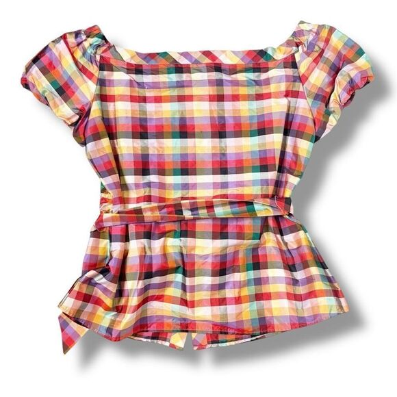 Lafayette New York 148 Square Neck Multicolor Plaid Short Sleeve Belted Blouse 8 - Picture 3 of 8